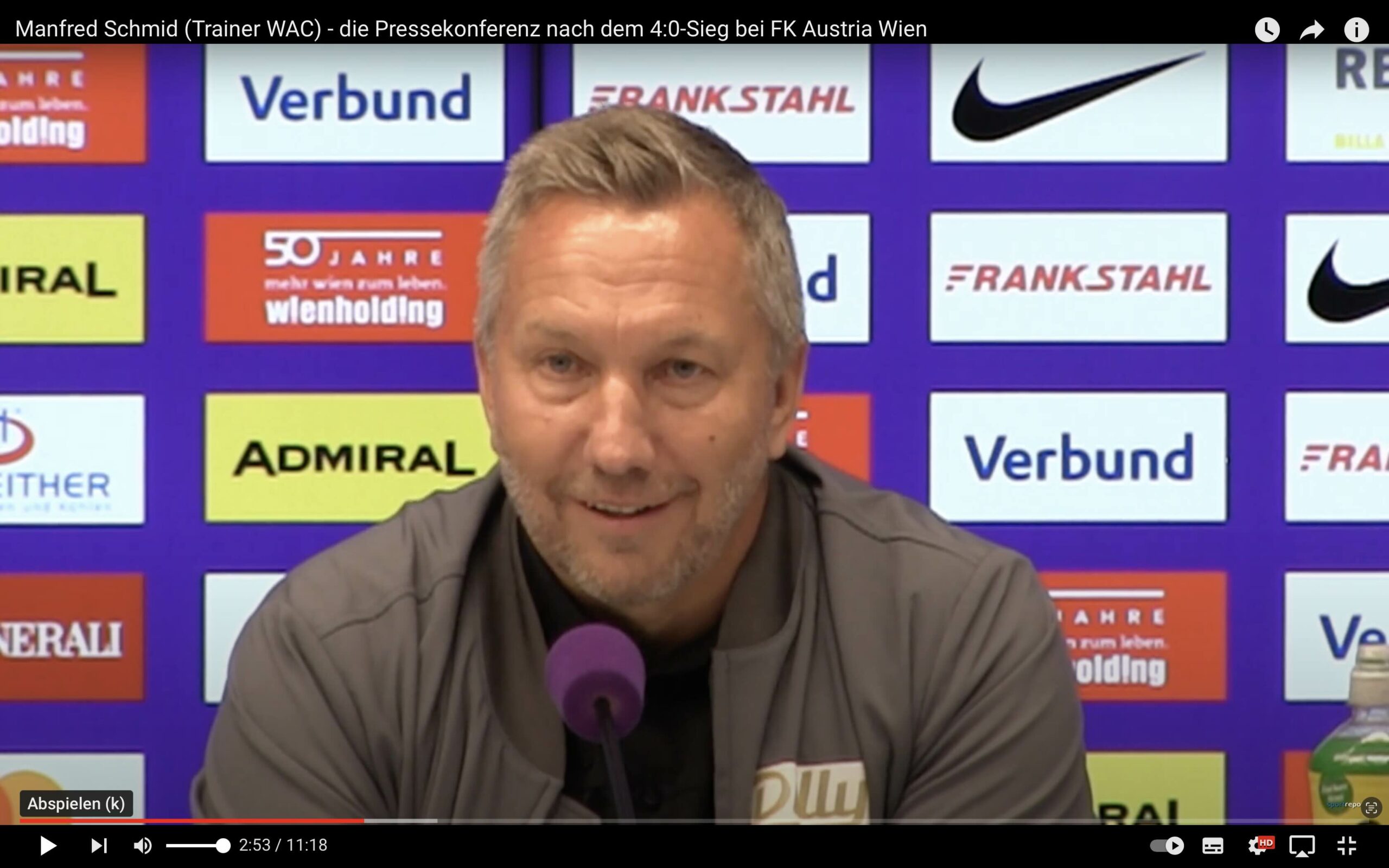 Video: Manfred Schmid (Trainer WAC) - die Pressekonferenz nach dem Spiel gegen FK Austria Wien