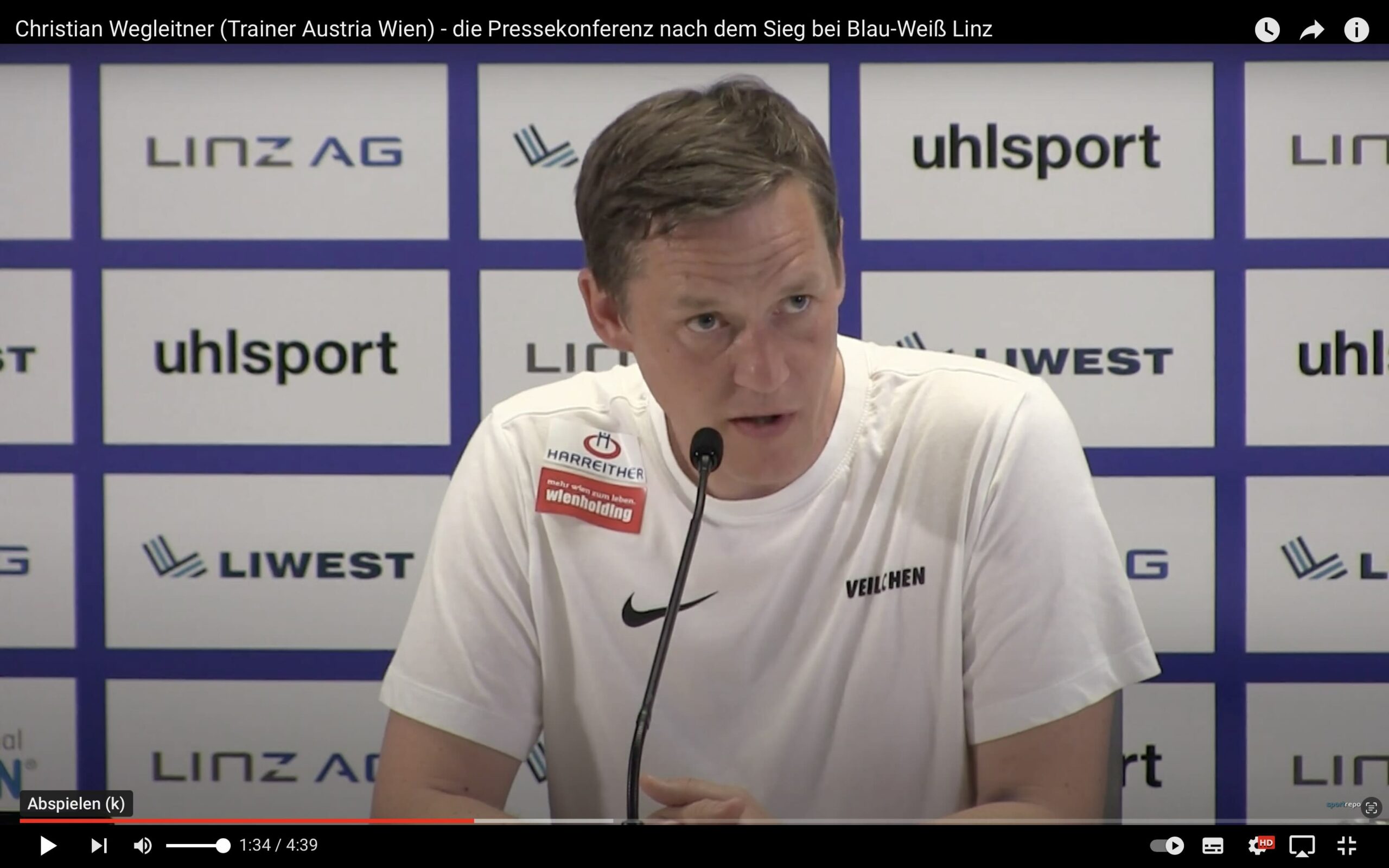 Video: Christian Wegleitner (Trainer FK Austria Wien) - die Pressekonferenz nach dem Spiel gegen FC Blau-Weiß Linz