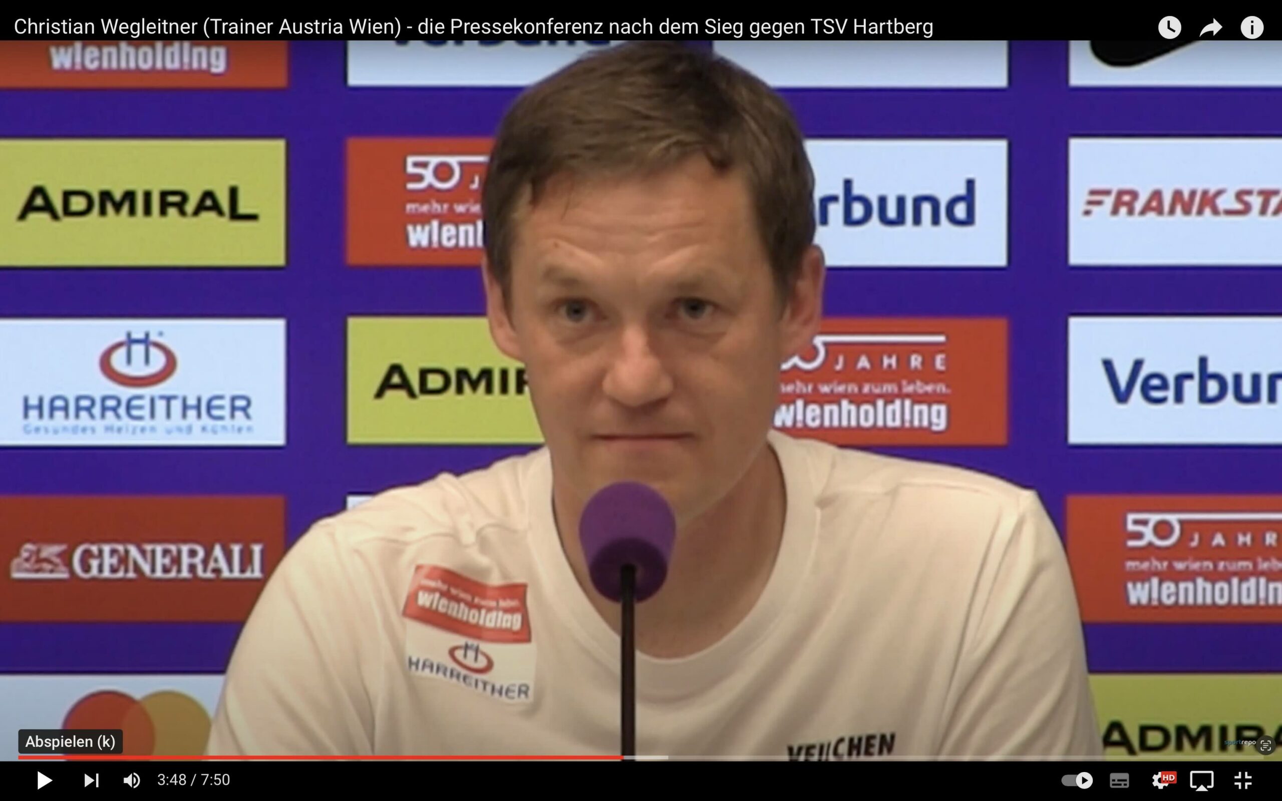 Video: Christian Wegleitner (Trainer FK Austria Wien) - die Pressekonferenz nach dem Spiel gegen TSV Hartberg